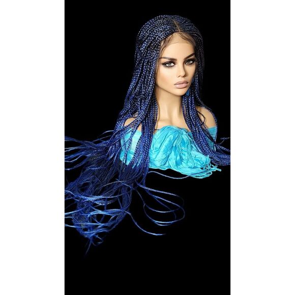 Handmade  Braided Lace Wig, Knotless Box Braids Long  Blue Ombre Wig NWT - Picture 10 of 15
